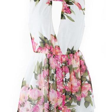 Sexy Floral Round Neck Printed Chiffon Rompers For..