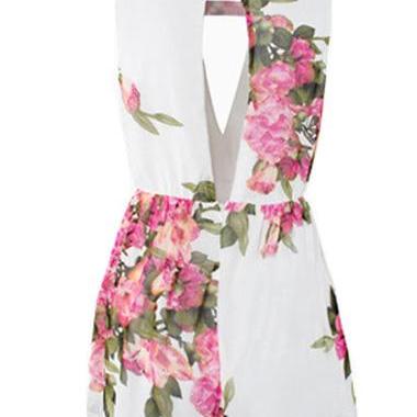 Sexy Floral Round Neck Printed Chiffon Rompers For..