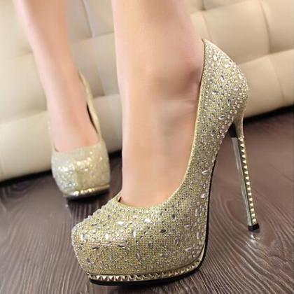 Golden Shine With Metal Diamond With High Heels