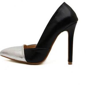 Stylish Black And Silver Pointed Toe High Heel..