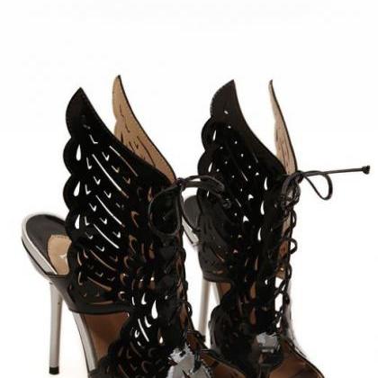 Sexy Lace Up Angel Wings High Heels Shoes In Black