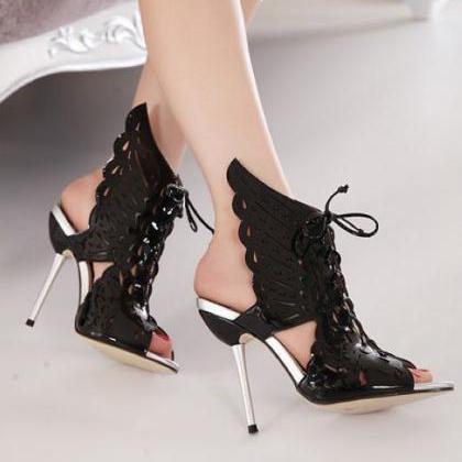 Sexy Lace Up Angel Wings High Heels Shoes In Black