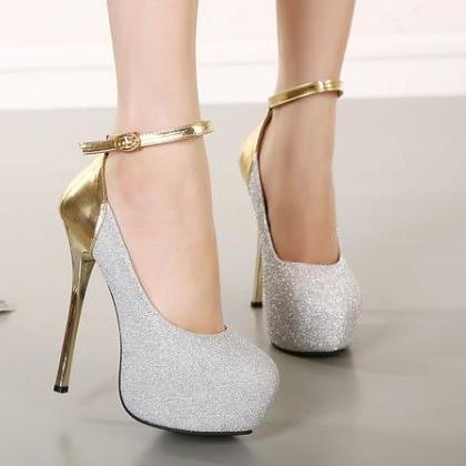Sexy Ankle Strap Design Metallic High Heel Fashion..