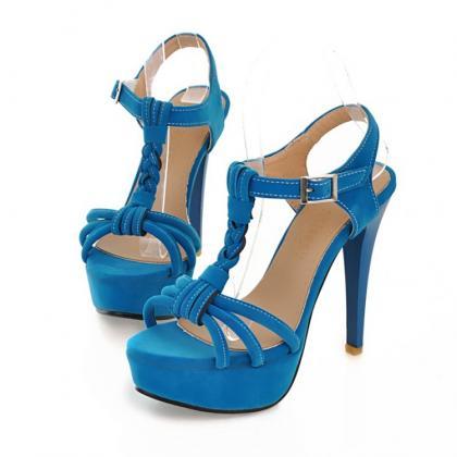 Fashion Stiletto T Strap Blue Sandals