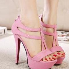 Pink Stiletto High Heel T Strap Fashion Sandals