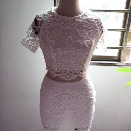 Fashion O Neck Short Sleeves White Lace Two-piece..