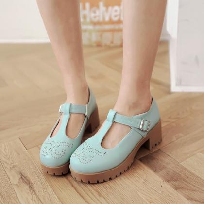 Pink Blue Beige T-strap Square Heel Sandals(00001)..