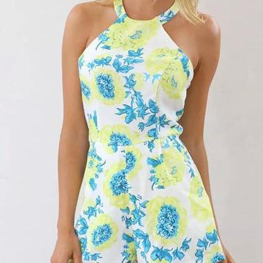 Sexy Open Back Printed White Halter Rompers