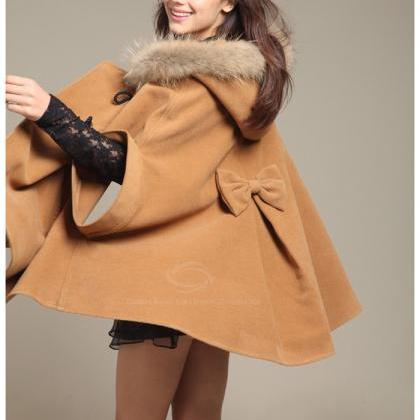 Loose-fitted Woolen Coat Fur Embellished Hooded..