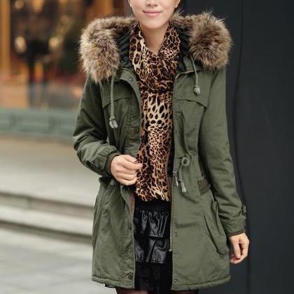 Green Womens Winter Coats Faux Fur Lining Parka..