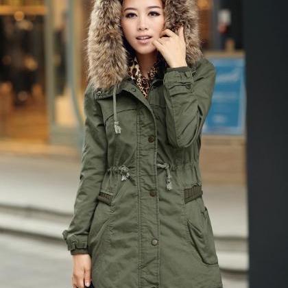 Green Womens Winter Coats Faux Fur Lining Parka..