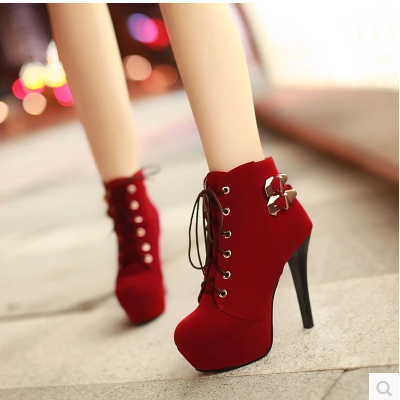 Sexy Brown Lace Up High Heels Ankle Boots-red