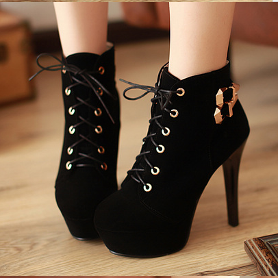 Sexy Brown Lace Up High Heels Ankle Boots-black
