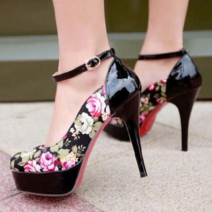 Rounded Toe Flower Print Stiletto Pumps With Ankle..
