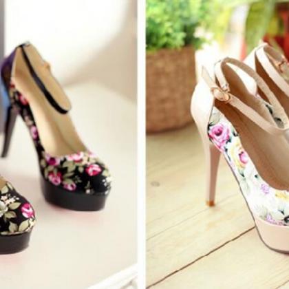 Rounded Toe Flower Print Stiletto Pumps With Ankle..