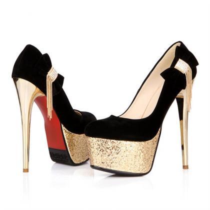 Classy Black And Gold Stiletto Heel Shoes