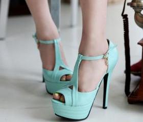 Gorgeous T Strap Pastel Blue Peep Toe High Heel Sandals