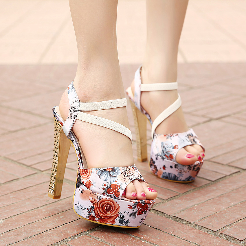 Roman Style Fish Head High-heeled Sandals With Thick Heels Crystal Floral