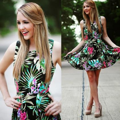 Women Summer Sleeveless Mini Fashion Dress Chiffon Printed High Waist Short Dress