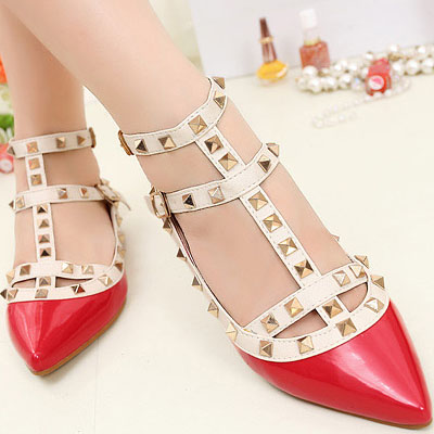 Gorgeous Pointed Toe Rivet Embellished Red Mary Jane Flats