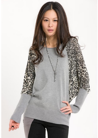 Fashion Women Leopard Bat Sweater Bottoming Shirt Long Sleeve Shirt