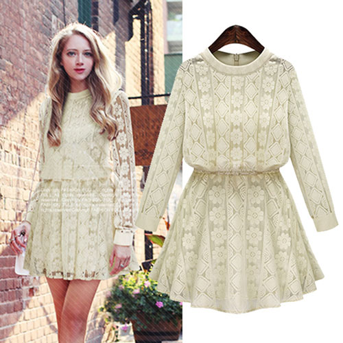 Solid Lace Flower Geometry Round Neck Long Sleeve Dress