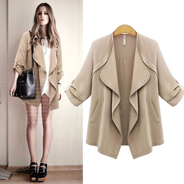 Lapel Wavy Collar Solid Rolled Sleeves Casual Coat