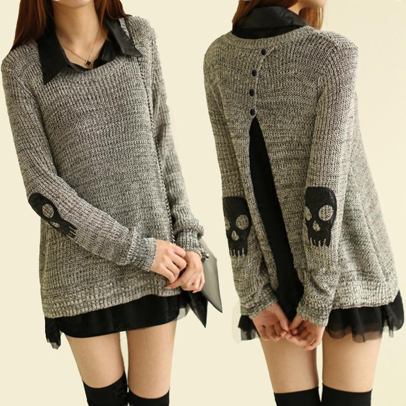 2015 Fashion Skull Black And White Mixed Slim Sweater &cardigan For Women