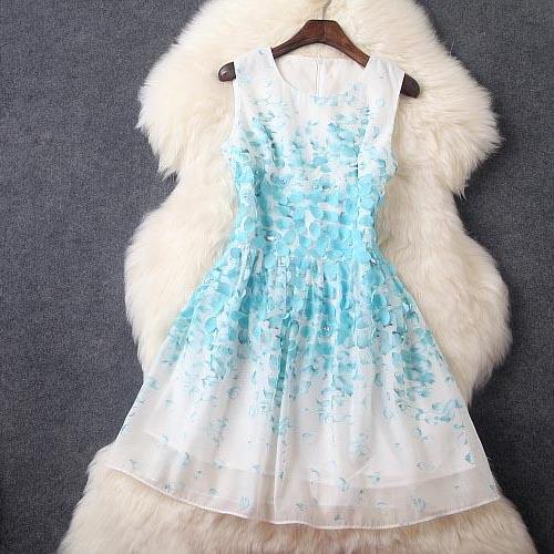 Luxury 3d Flowers Sleeveless Dress - Light Blue on Luulla